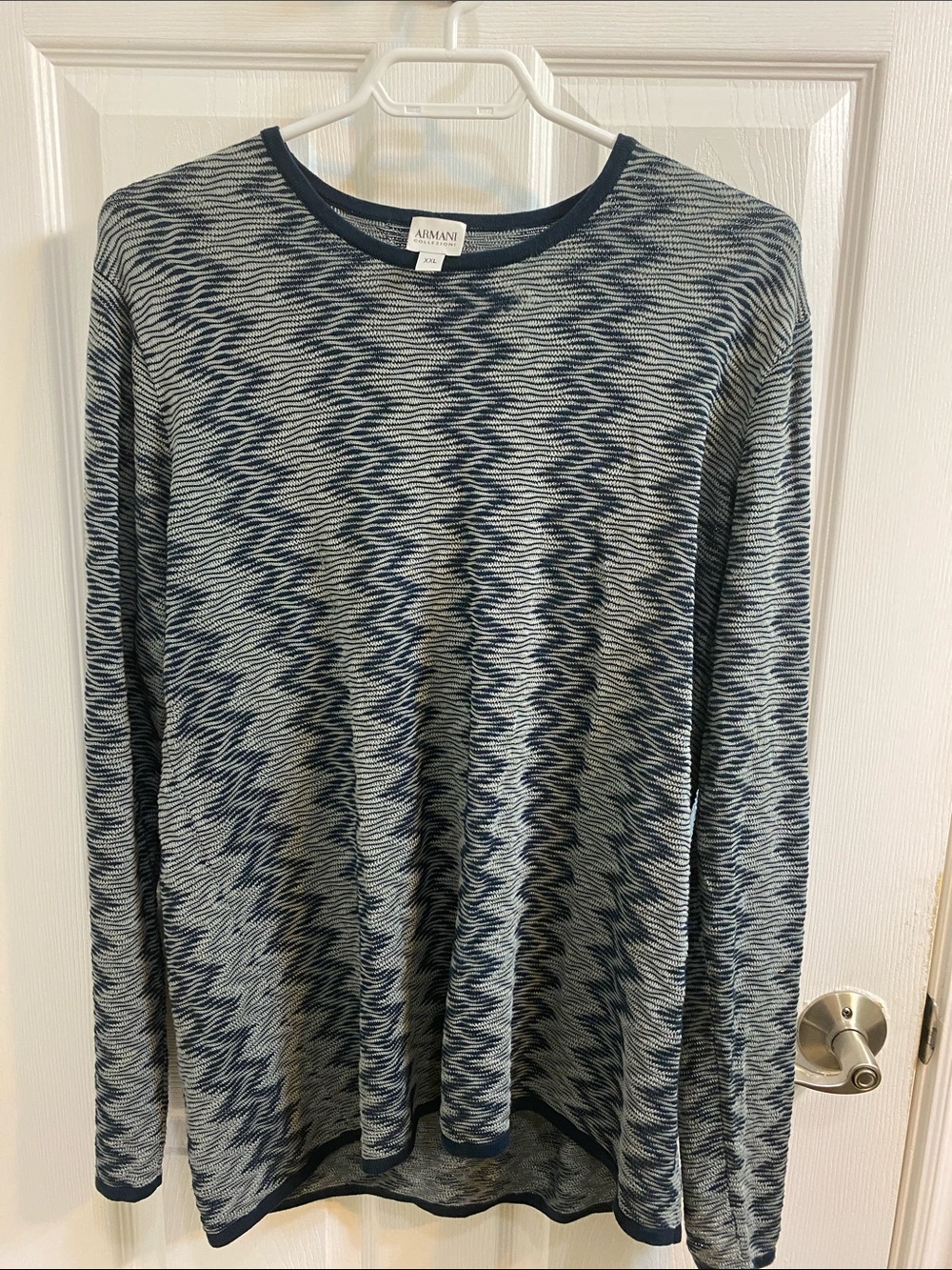 Armani Collezioni Mens XXL Silk Cotton Geometric Chevron Blue Gray Light Sweater